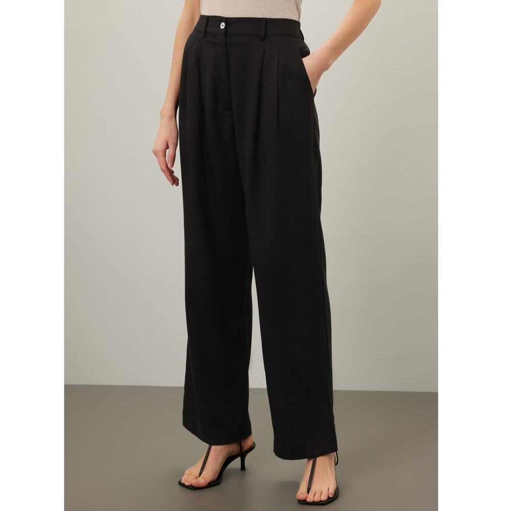 Donni. Twill Pleated Pants Black High Rise Wide Leg Trousers Lyocell Sz S